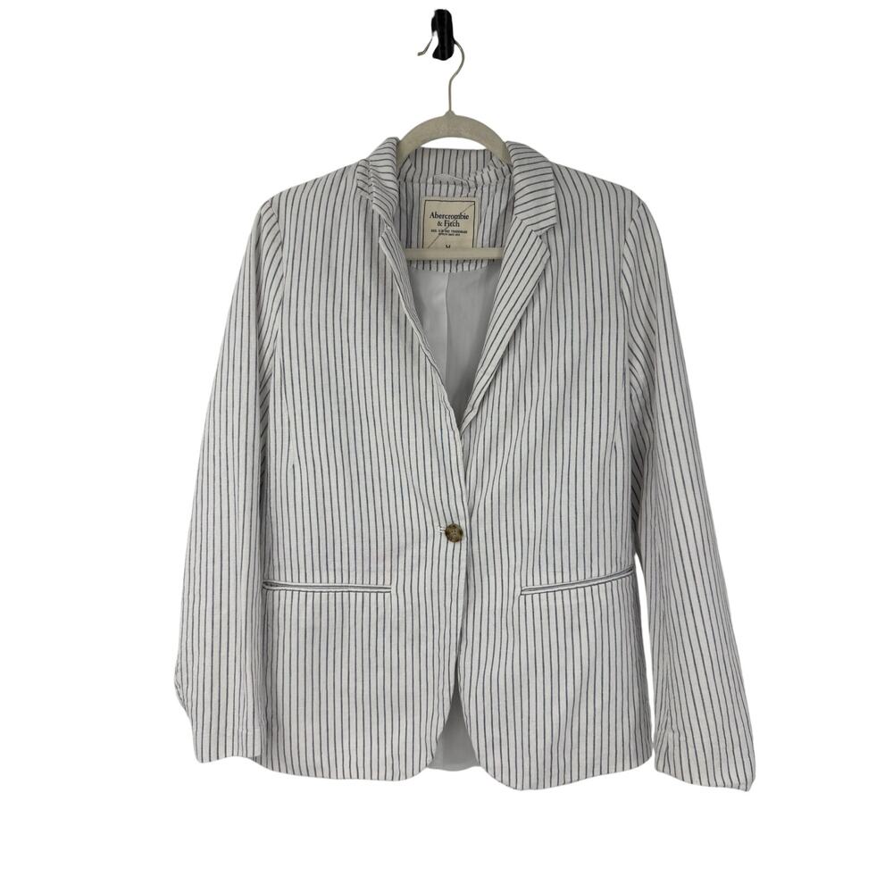 Abercrombie & Fitch Womens Linen Stripe Blazer M White Preppy Career Nautical